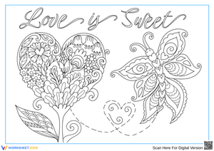 Love Is Sweet Butterfly & Floral Heart Coloring Page