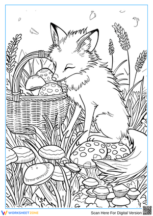 Whimsical Mushroom and Fox Coloring Page for Adults