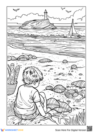 Child at the Beach Coloring Page with Lighthouse 