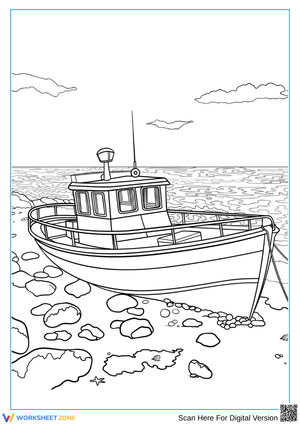 Coastal Fishing Boat Coloring Page for Adults