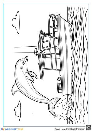 Adult Coloring Page – Dolphin and Boat Ocean Scene