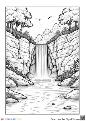 Tranquil Waterfall Nature Scene Coloring Page