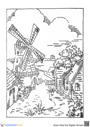 Vintage Windmill Countryside Coloring Page