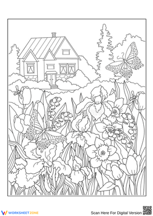 Spring Garden House with Butterflies Coloring Page