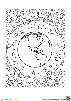 Earth and Stars Planet Coloring Page for Adults