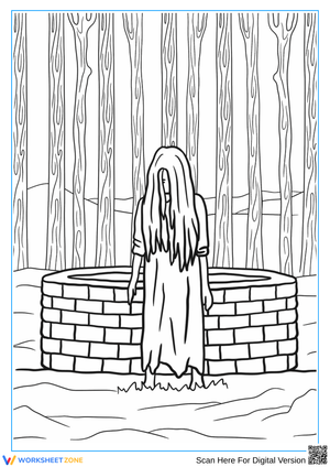 Creepy Girl by the Well – Horror Coloring Page for Adults