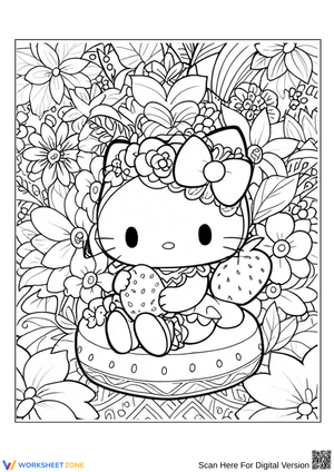 Hello Kitty with Strawberries Floral Coloring Page for Adults