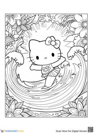 Hello Kitty Surfing Wave Coloring Page for Teens & Adults