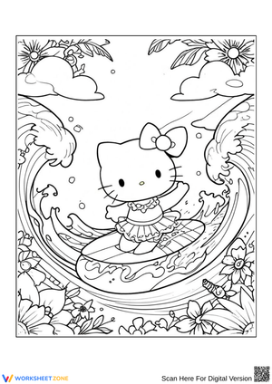 Hello Kitty Surfing Coloring Page for Adults