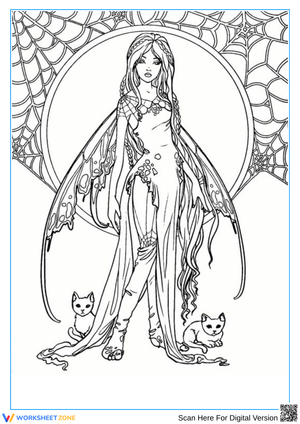 Dark Fairy with Cats – Gothic Fantasy Coloring Page for Adults