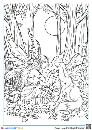 Enchanted Fairy and Winged Fox Coloring Page for Adults