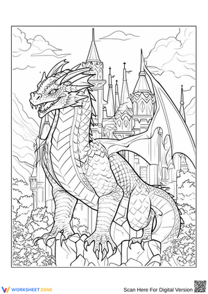 Epic Dragon and Castle Fantasy Coloring Page for Adults