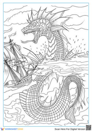 Sea Serpent Attacking Ships Mythical Coloring Page 