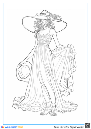 Elegant Woman in Long Dress and Sun Hat Coloring Page