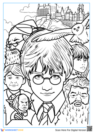 Detailed Harry Potter Characters Coloring Page for Adults