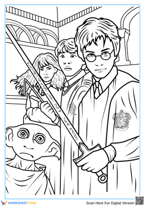 Harry Potter Trio and Dobby Coloring Page for Adults