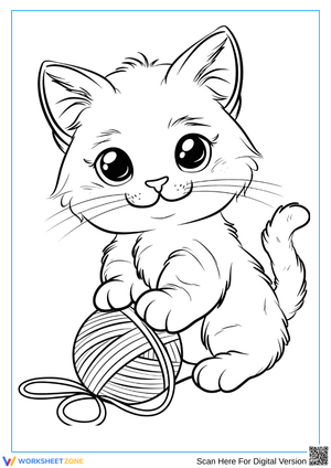 Cute Kitten Playing with Yarn Coloring Sheet
