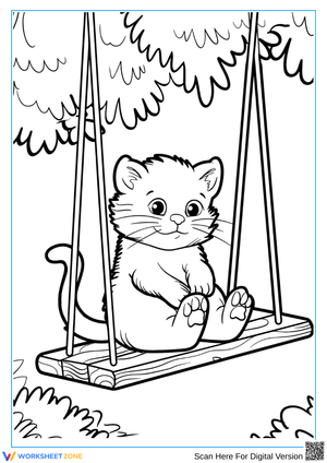 Kitten on a Swing Coloring Page for Kids