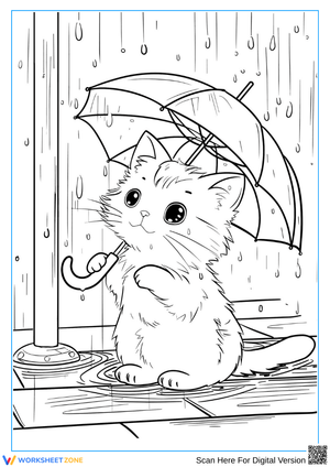 Kitten with Umbrella in the Rain Coloring Page
