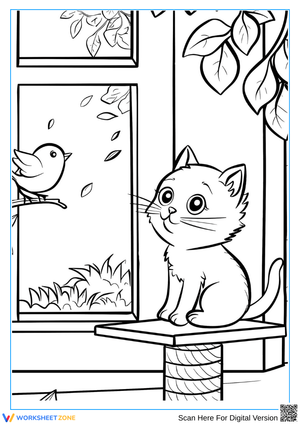 Kitten Watching Bird at the Window Coloring Page