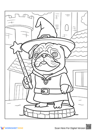 Wizard Pug with Magic Wand Coloring Page