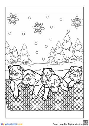 Husky Puppies in Snowy Basket Coloring Page