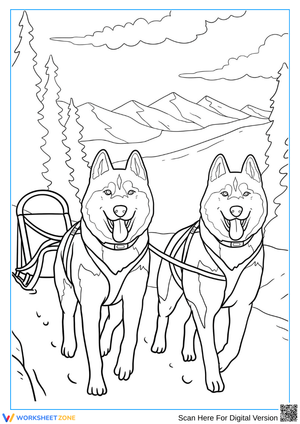Husky Sled Dog Team in the Mountains Coloring Page