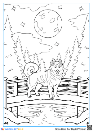 Husky on a Bridge at Night Coloring Page