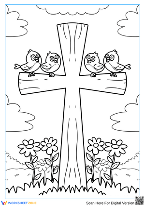 Christian Spring Cross Coloring Page with Birds and Flowers