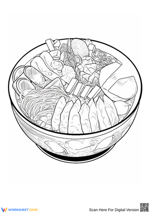 Detailed Ramen and Dumpling Bowl Coloring Page