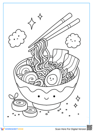 Kawaii Pasta Bowl Coloring Page with Smiling Ingredients