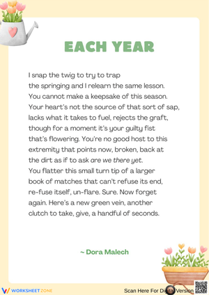 Each Year by Dora Malech – Spring Renewal Poem Printable