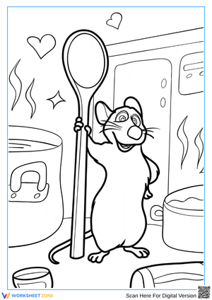 Cute Chef Rat Coloring Page with Spoon in Kitchen