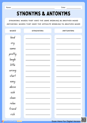 Synonyms and Antonyms Practice Sheet