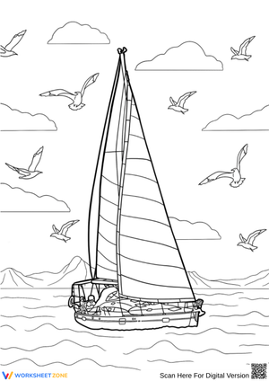 Sailboat and Seagulls Coloring Page