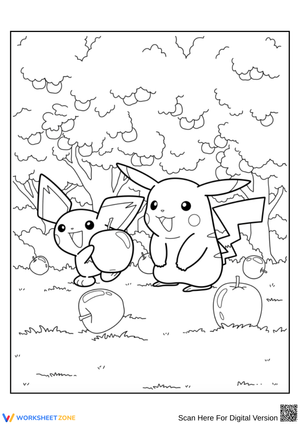 Pichu and Pikachu Apple Picking Coloring Page