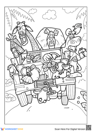 Madagascar Characters Jeep Adventure Coloring Page