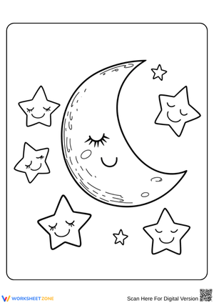 Sleeping Moon and Stars Coloring Page