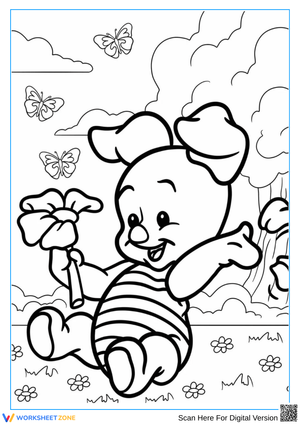 Piglet with Flower and Butterflies Coloring Page