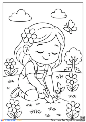 Girl Gardening – Peaceful Nature Coloring Page