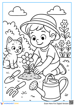 Planting Fun – Gardening Coloring Page for Kids