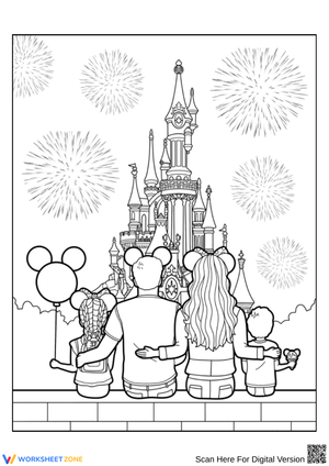 Family at Disneyland Castle Coloring Page