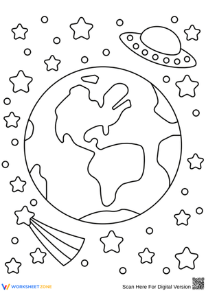 Earth Coloring Page with UFO and Stars