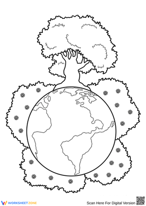 Earth Coloring Page with Tree and Flowers