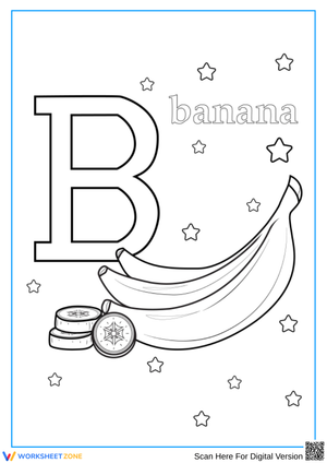 Banana Coloring Page with Letter B and Fruit Slices