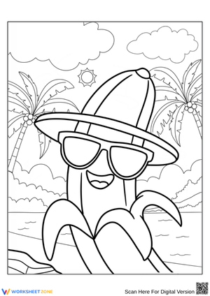 Cool Banana Coloring Page with Beach Scene