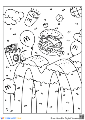 McDonald’s Coloring Page with Burger, Fries & Balloons