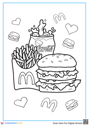 McDonald’s Coloring Page with Burger, Fries, and Soda Splash