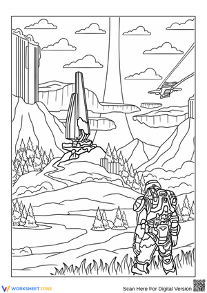 Epic Halo Coloring Page – Spartan Warrior in Futuristic Landscape