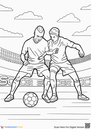 Soccer Coloring Page with Two Players Competing in Stadium